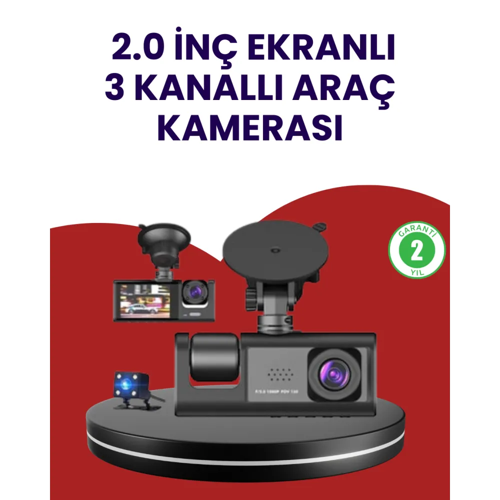 Üç Kameralı Araç Kamerası | Full HD 1080P Ön + HD İç/Arka