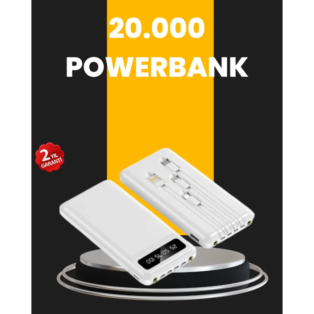 LED Işıklı 20.000mAh Powerbank LCD Gösterge Dahili Çoklu Kablo