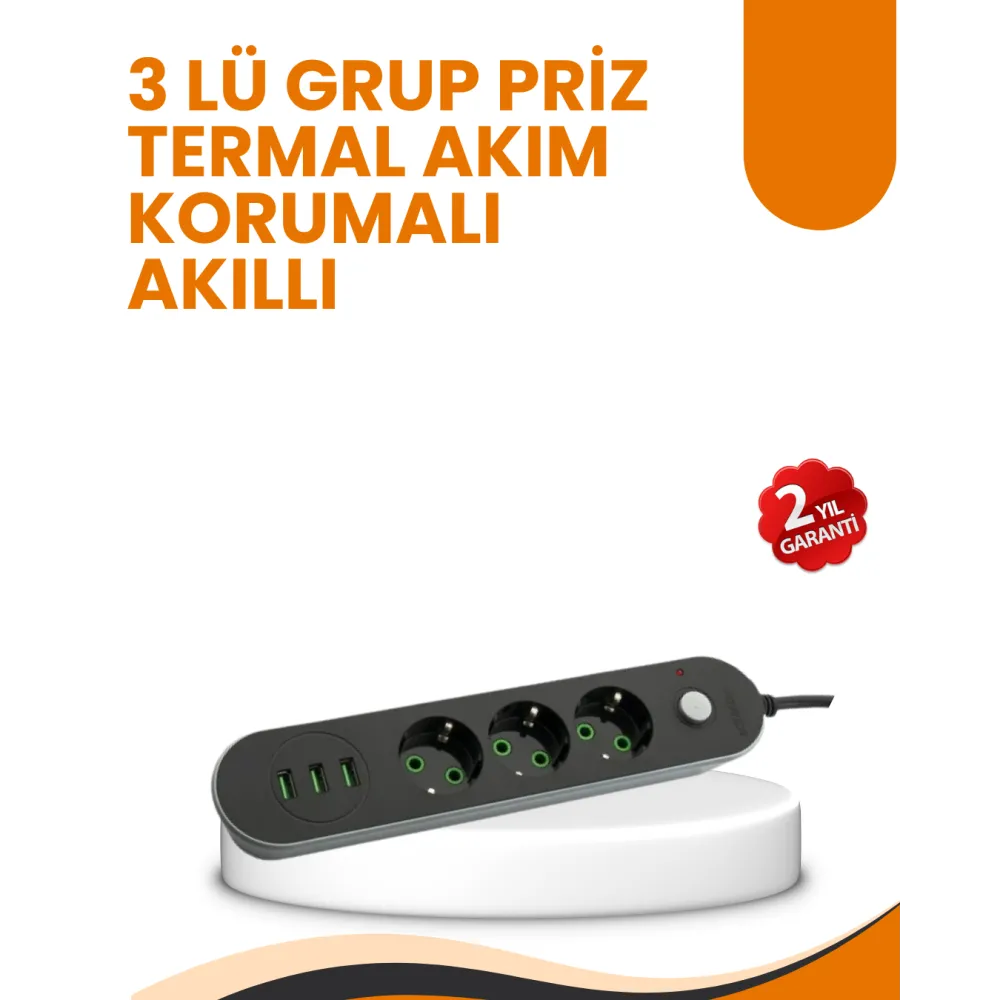 2 Metre Kablolu 3 USB Portlu Anahtarlı Üçlü Priz