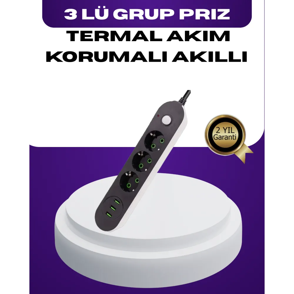 USB Yuvalı Anahtarlı Üçlü Priz 2 Metre Kablolu