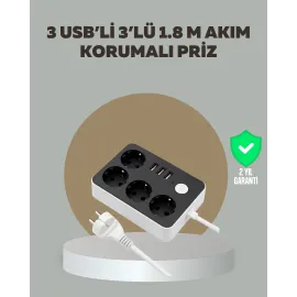4 Prizli 3 USB Portlu Anahtarlı Akım Korumalı Priz