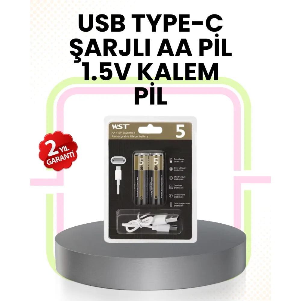 Tekrar Şarj Edilebilir AA USB Type-C Pil | 1000+ Döngü | 1.5V Sabit Voltaj