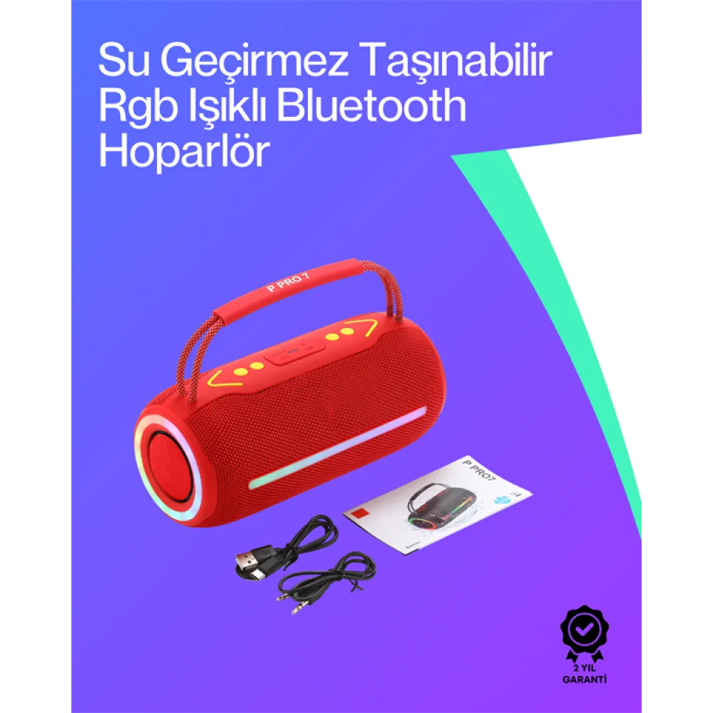 360 RGB LED'li Taşınabilir Bluetooth Hoparlör – Kırmızı, USB/TF Destekli