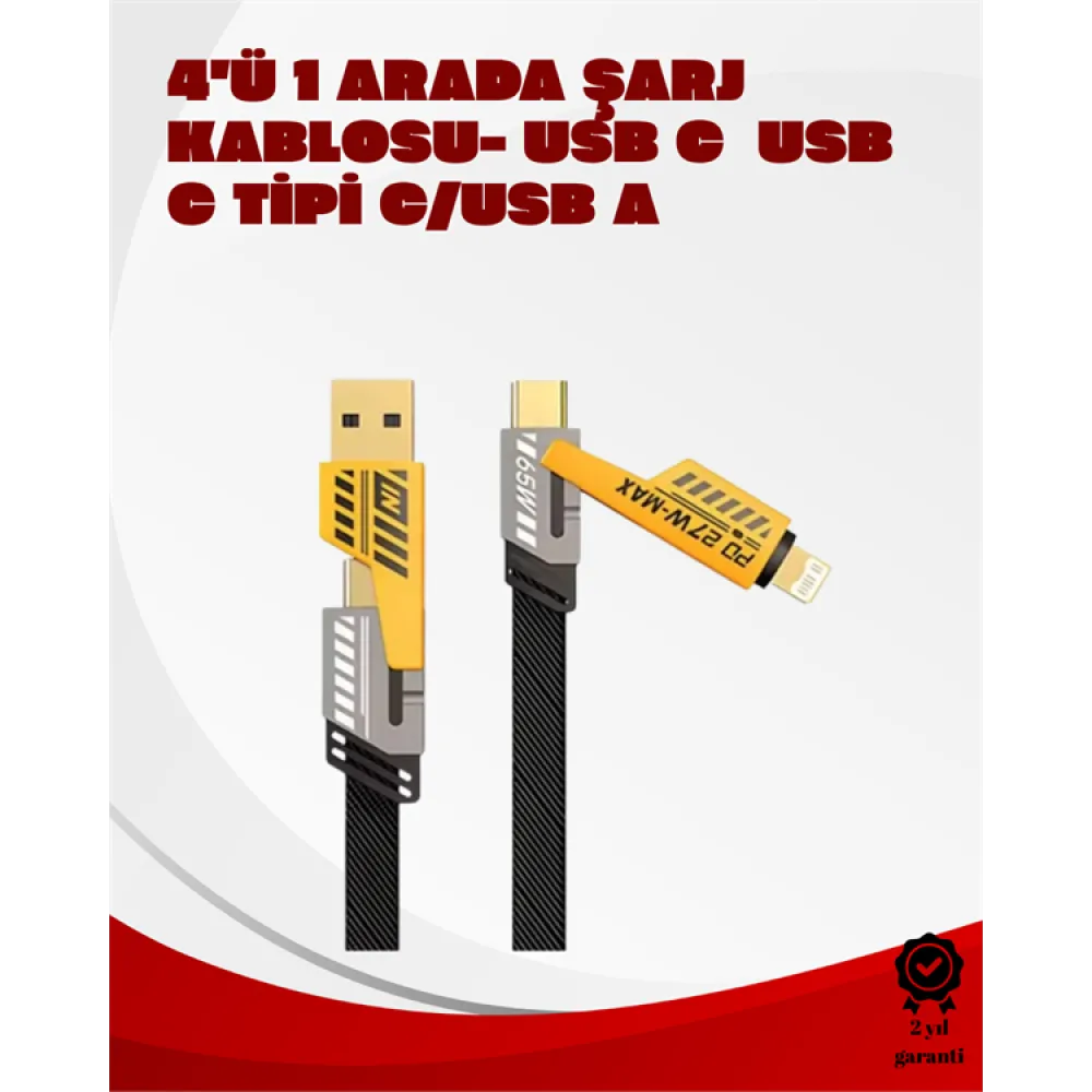 Dönüştürülebilir 4 Başlıklı Hızlı Şarj Kablosu – 1.2m, 65W, Dayanıklı ve Esnek Tasarım