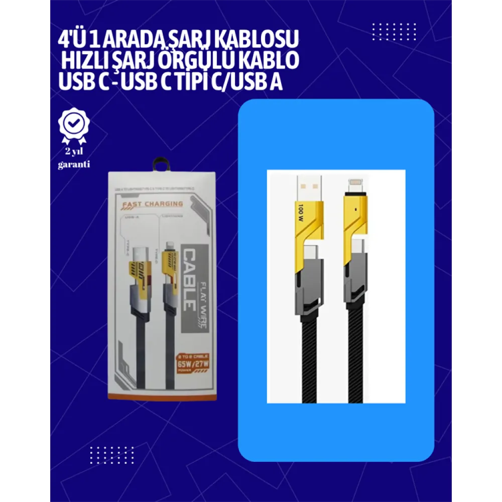 USB-C ve Lightning Uyumlu 4'ü 1 Arada Kablo – 65W Hızlı Şarj, Örgülü Dayanıklı Yapı