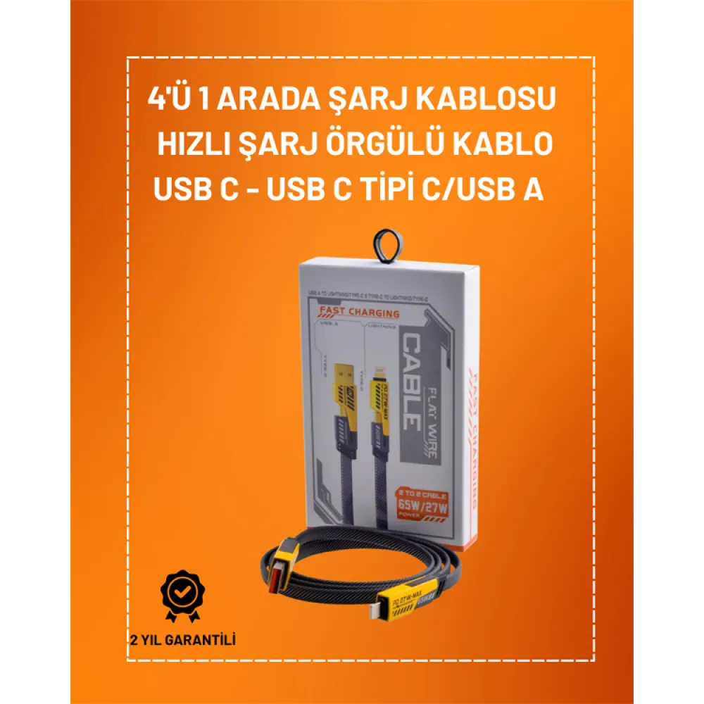 4'ü 1 Arada USB Hızlı Şarj ve Veri Kablosu – 65W Güç, Çoklu Bağlantı, 1.2m