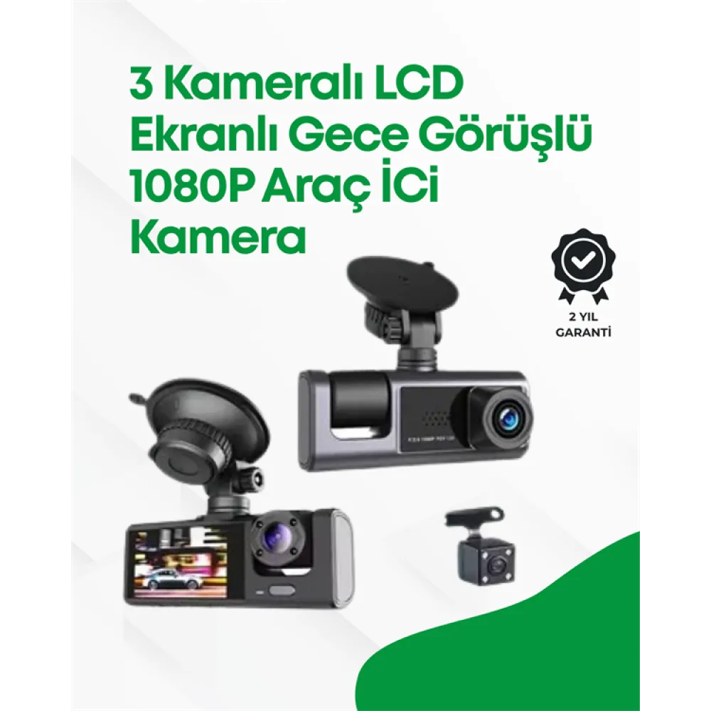 2.0” LCD Ekranlı, Döngüsel Kayıt Özellikli Üç Kameralı Oto Kamera
