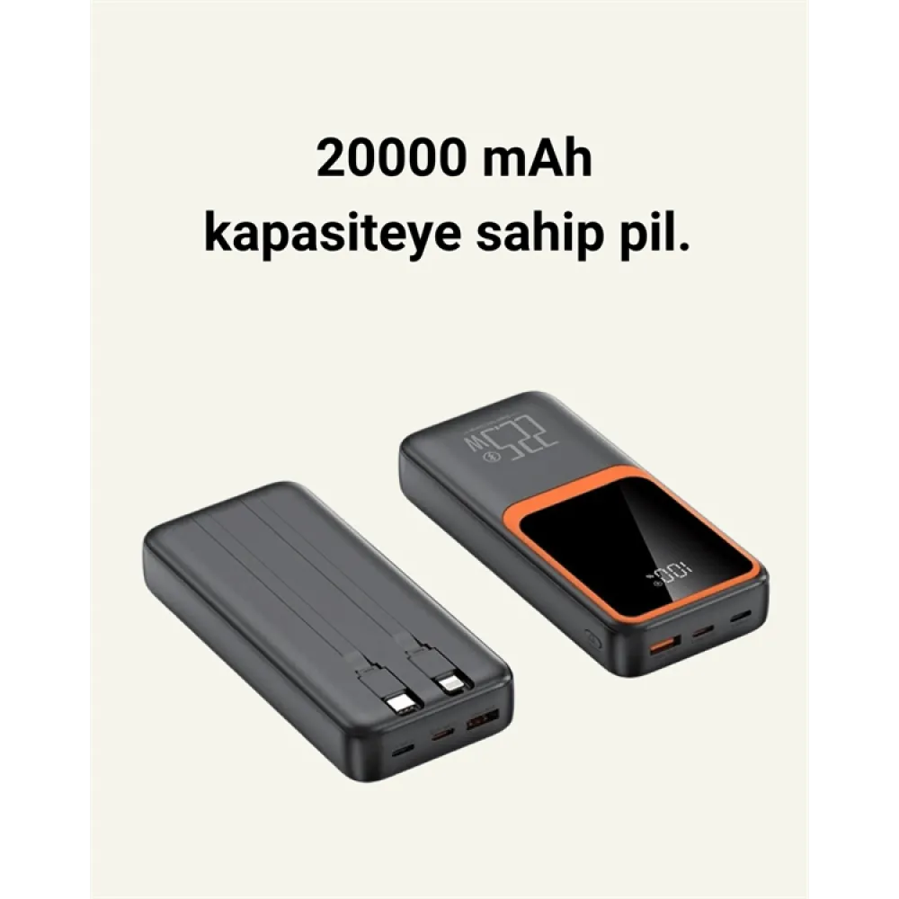 20000 mAh Powerbank | Çok Kablolu, Dijital Göstergeli, Yüksek Hızlı Şarj Cihazı