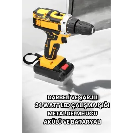 Metal Dişli 24W Akülü Matkap -Çift Bataryalı ve LED Çalışma Işığı ile Tam Set