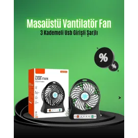 Mini USB Fan – Şarj Edilebilir, Işıklı, 3 Kademe, Taşınabilir Masaüstü Vantilatör