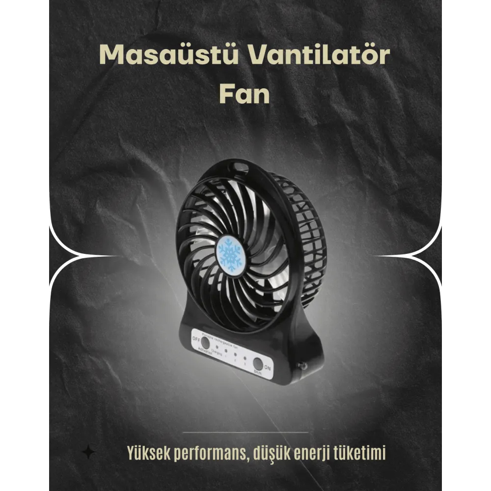Şarjlı USB Fan – Masaüstü Mini Vantilatör, Taşınabilir, Işıklı, 3 Kademeli, Sessiz
