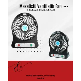 USB Girişli Taşınabilir Masaüstü Mini Fan – 3 Kademeli Hız, Şarjlı, Işıklı, Sessiz Çalışma