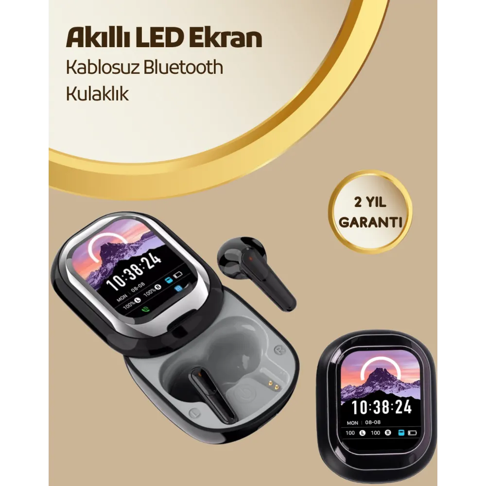 Akıllı Ekranlı Bluetooth 5.4 Kablosuz Kulaklık – Dokunmatik ve Şarj Kutulu