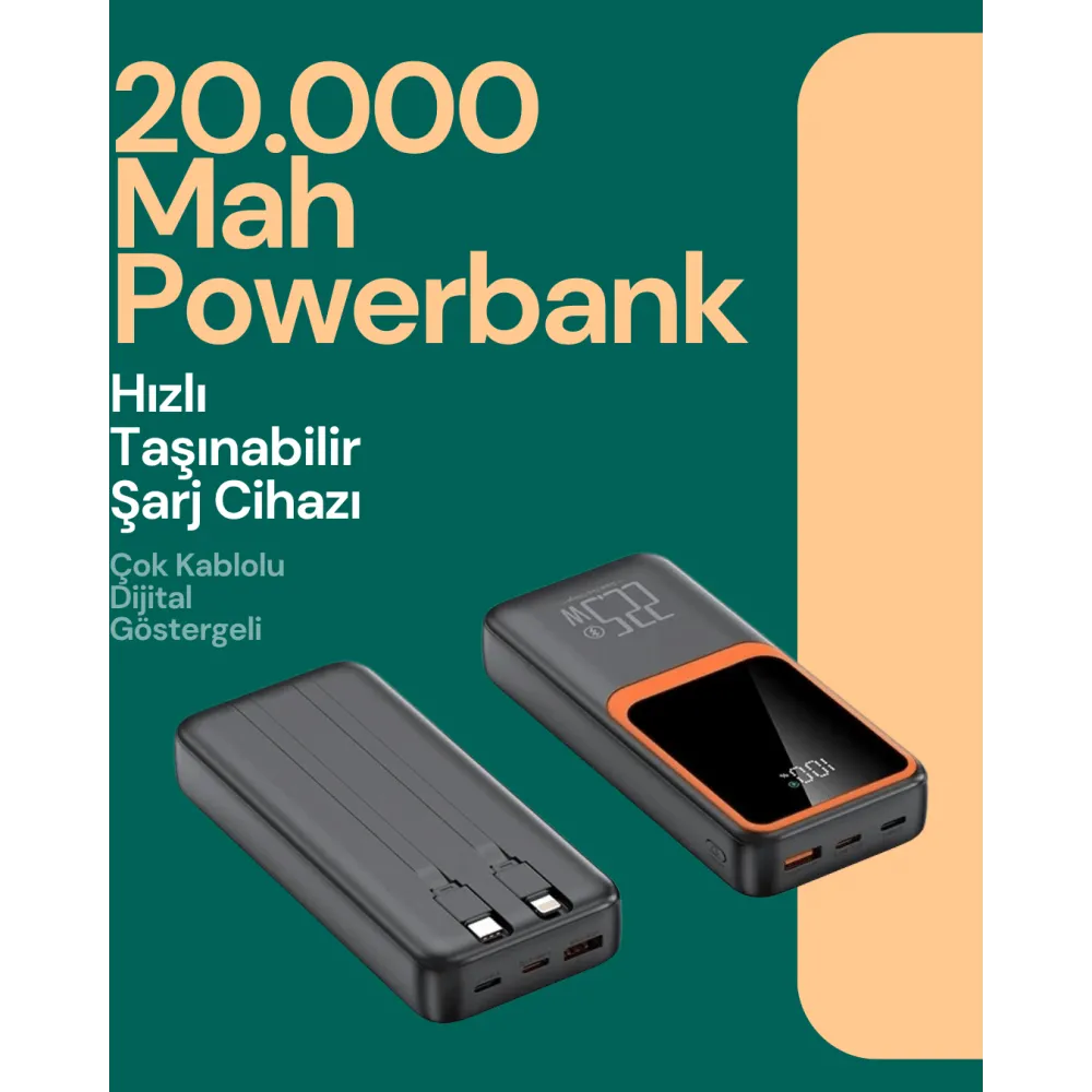 Taşınabilir Şarj Cihazı 20000 mAh | 22.5W Hızlı Şarj + Dijital Ekran + Kablo Dahil