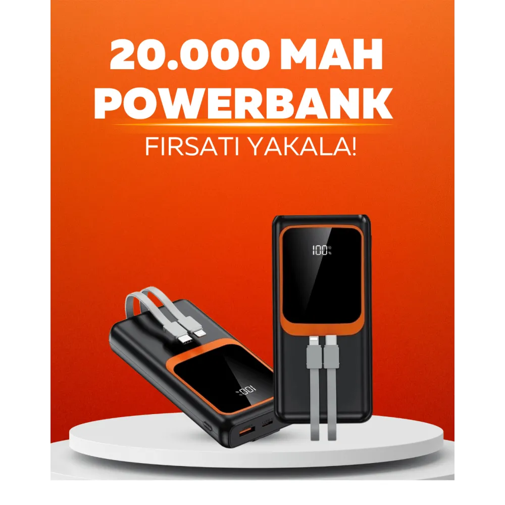 20.000 mAh Powerbank – 22.5W Hızlı Şarj, Çok Kablolu, Dijital Göstergeli
