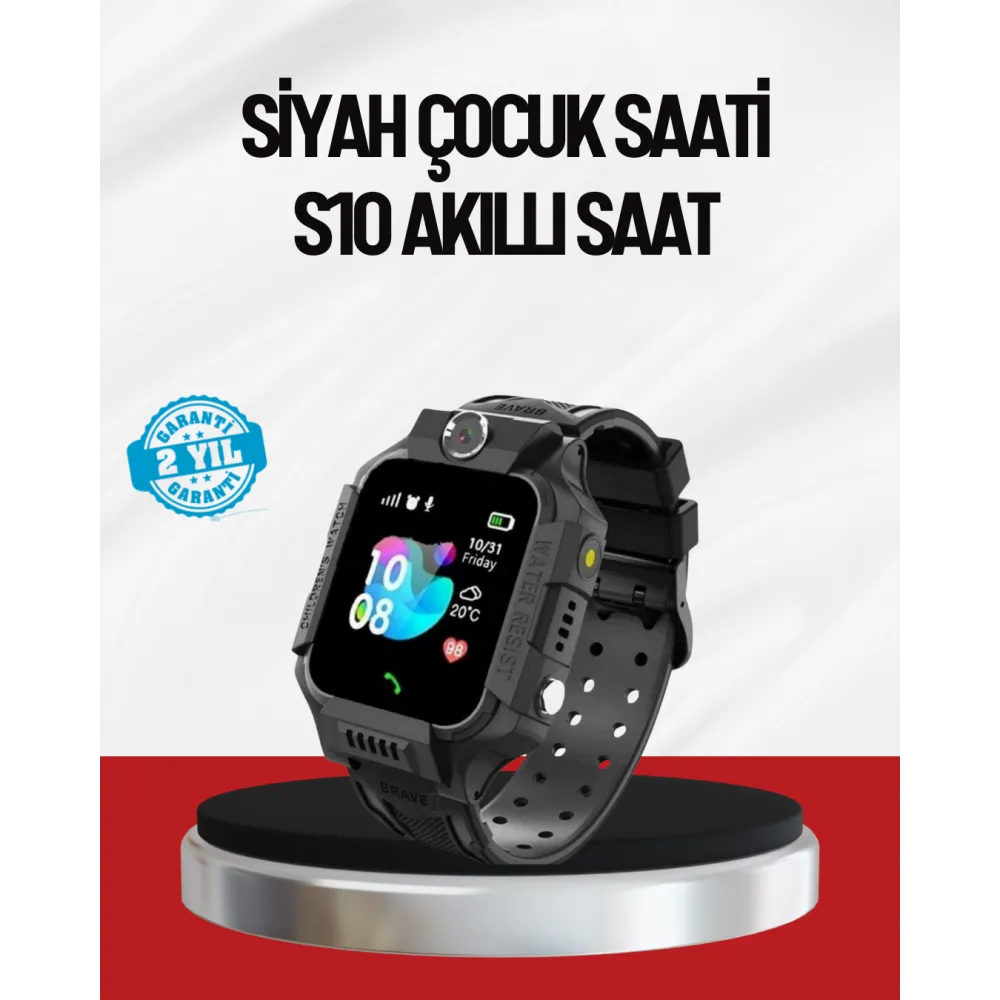 S10 Akıllı Çocuk Saati Siyah Model Çift Yönlü Konuşma ve SOS