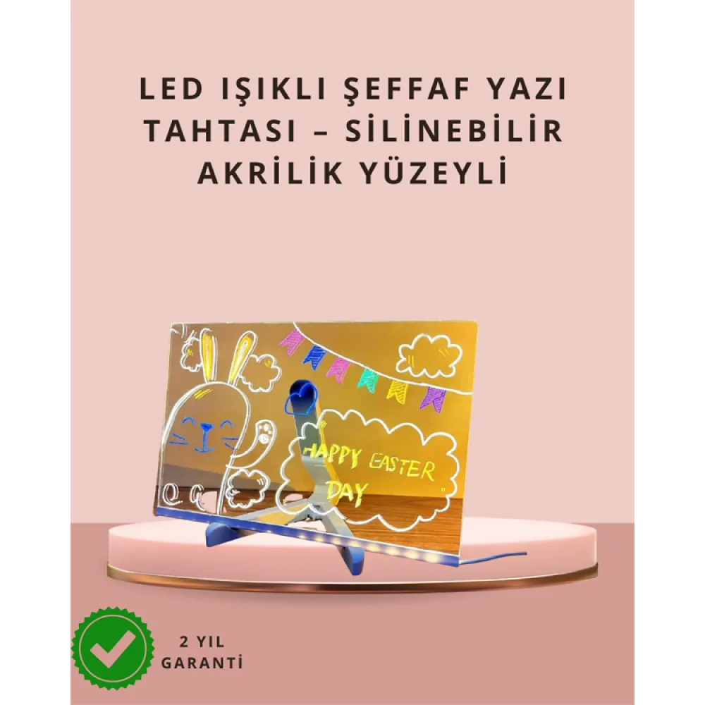 Led Işıklı Şeffaf Yazı Tahtası – Neon Etkili Akrilik Pano, Silinebilir, 7 Renkli Kalemli, 30X20 Cm