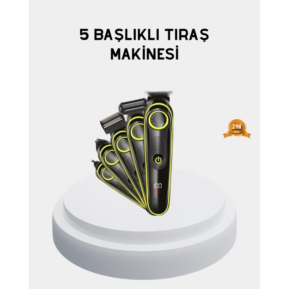 5’i 1 Arada Şarjlı Tıraş Makinesi – Paslanmaz Çelik Başlıklı, Yüz ve Vücut Bakım Cihazı