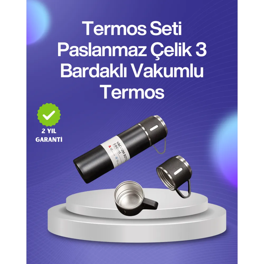 Isıyı Uzun Süre Koruyan 500 ml Termos Seti | Çelik Gövde, 2 Bardaklı, Hediye Kutulu