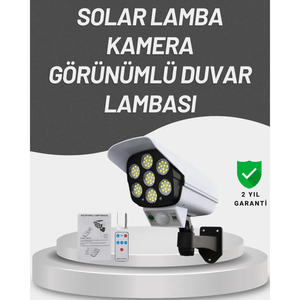 77 LED'li Güneş Enerjili Güvenlik Lambası ve Kukla Kamera – Hareket Sensörlü, 2400mAh Pilli
