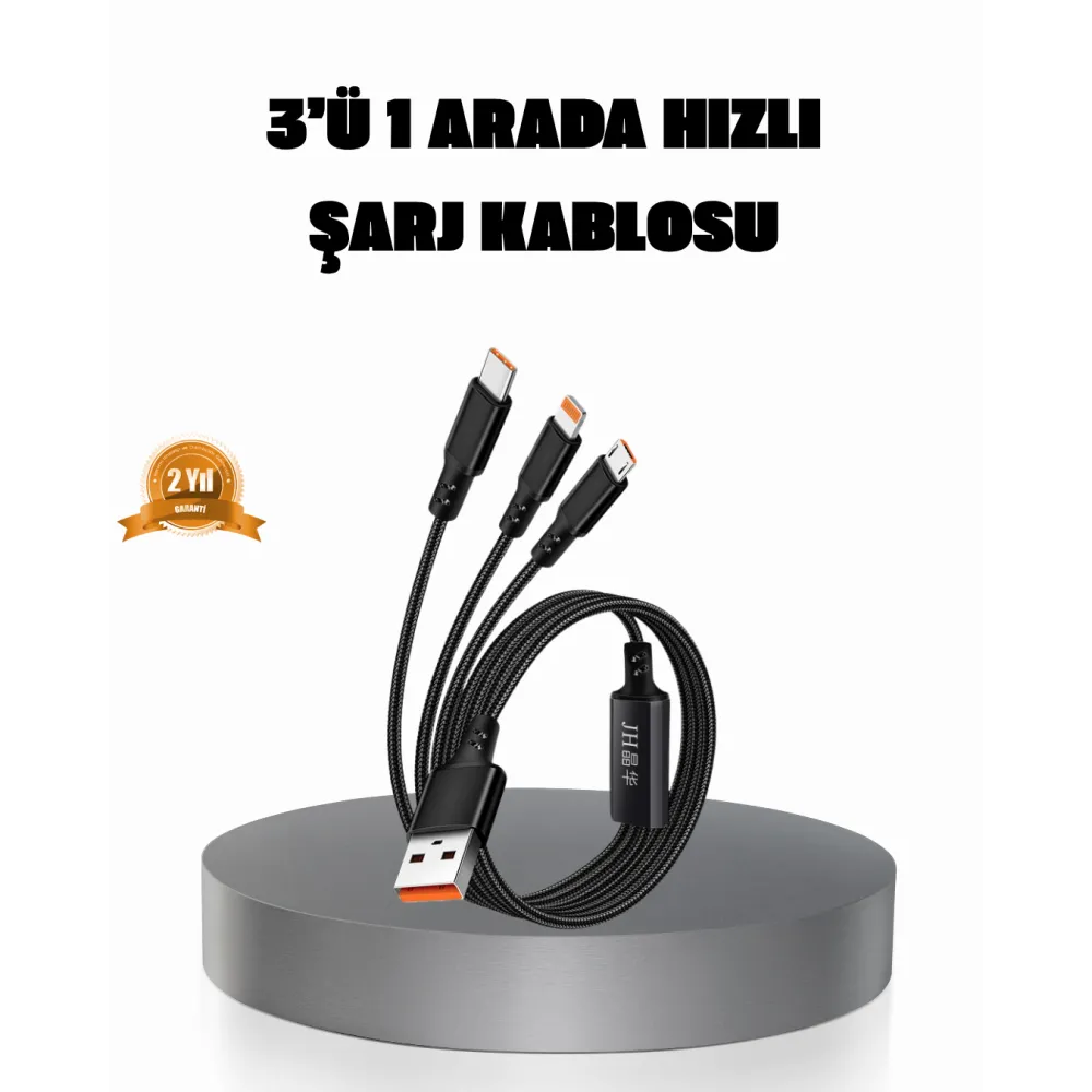 3’ü 1 Arada Şarj Kablosu Type-C iOS Android Uyumlu Hızlı ve Güvenli Şarj