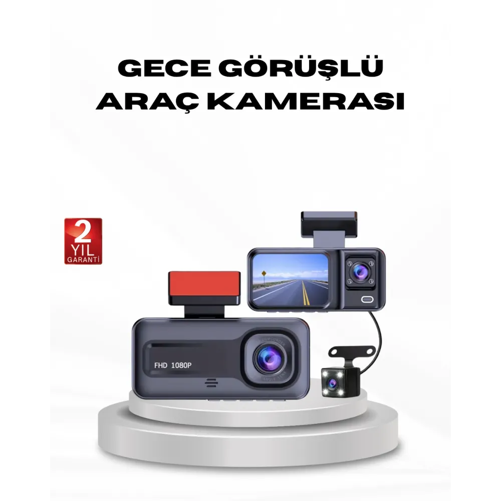 Full Hd Üç Kameralı Araç Kamerası G-Sensörlü Ve Gece Görüşlü