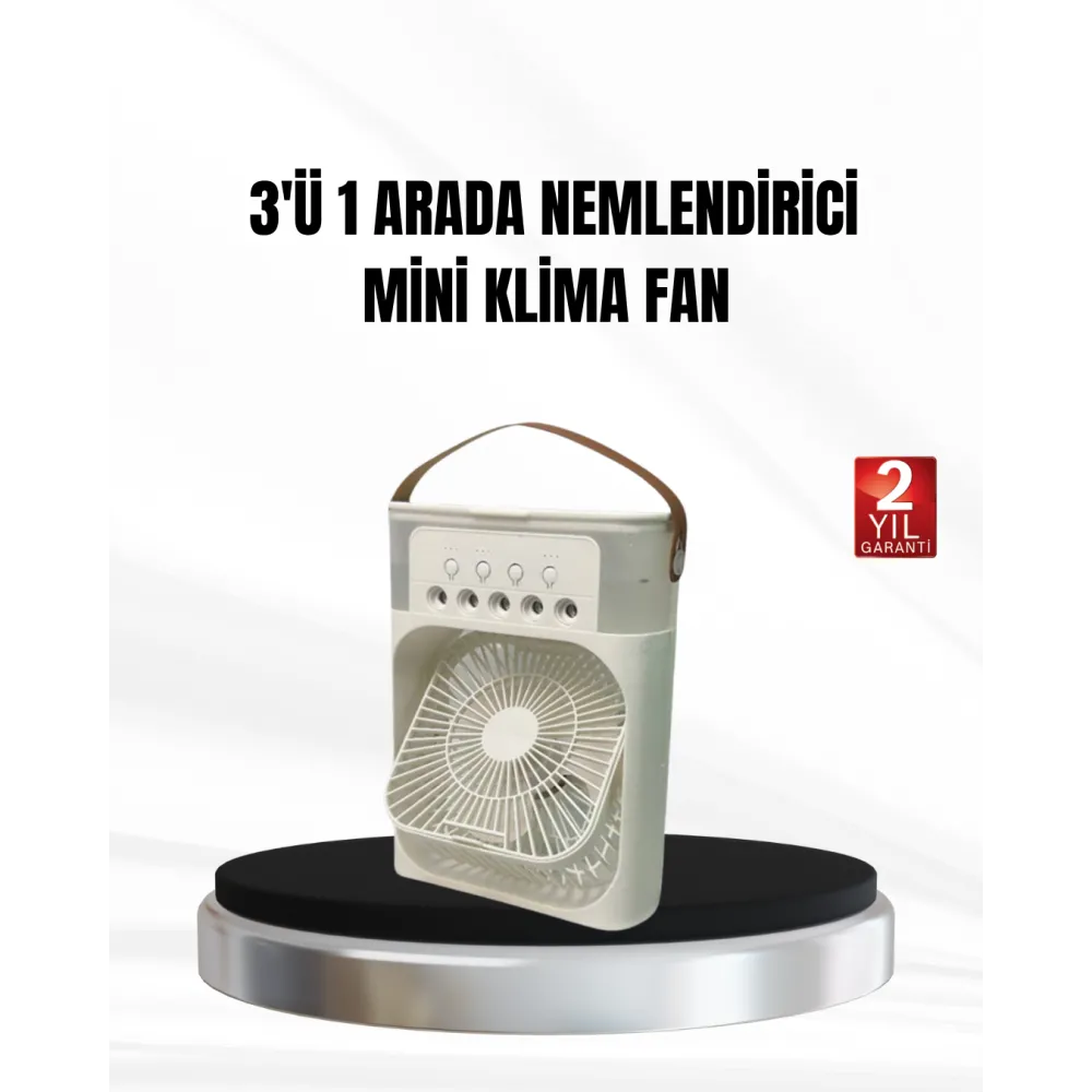 3’ü 1 Arada Mini Klima Fan USB Şarjlı, 7 Renk Gece Lambalı ve Nemlendirici