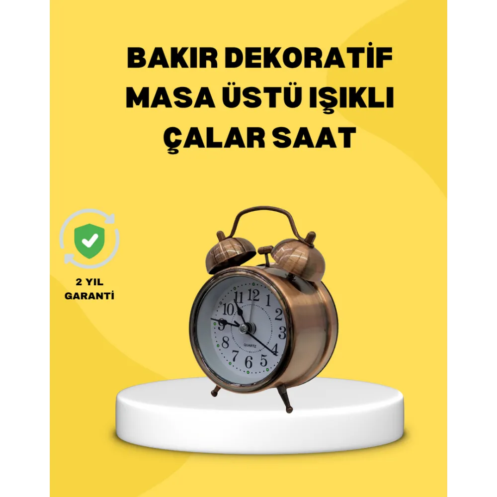 Dekoratif Bronz Renk Metal Alarmlı Masa Üstü Saat Klasik Tasarım