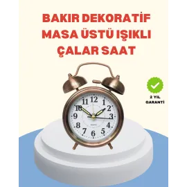 Metal Bronz Nostaljik Masa Saati Alarmlı Büyük Boy Sessiz Mekanizmalı