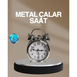 Dekoratif Yuvarlak Gümüş Sessiz Işıklı Masa Üstü Çalar Saat Alarmlı ve Şık Tasarım