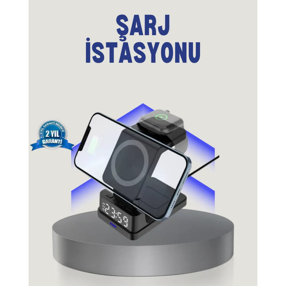 Kablosuz Şarj Cihazı ve Dijital Saat – 4’ü 1 Arada Hızlı Şarj, Apple Uyumlu, LED Işıklı Tasarım