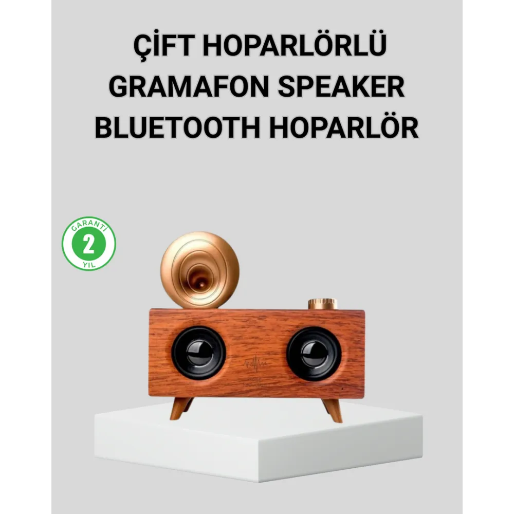 Retro Gramafon Bluetooth Hoparlör Çift Stereo Sesli FM Radyo Destekli