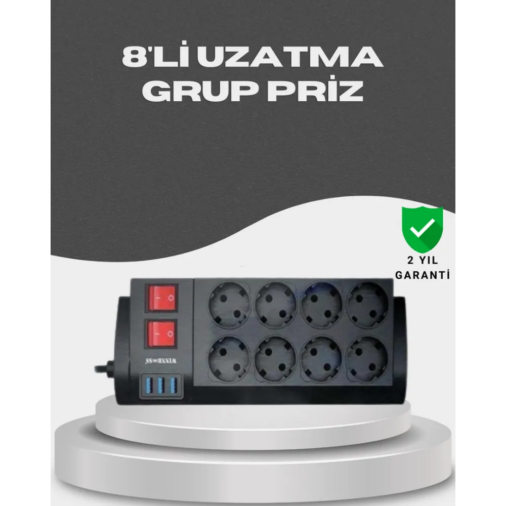 Akım Korumalı 8’li Priz 3 USB’li Uzatma Kablosu Isıya Dayanıklı 2 Metre