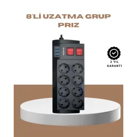 Güçlü Termal Korumalı 8 Priz + 3 USB Çoklu Uzatma Kablosu 2m