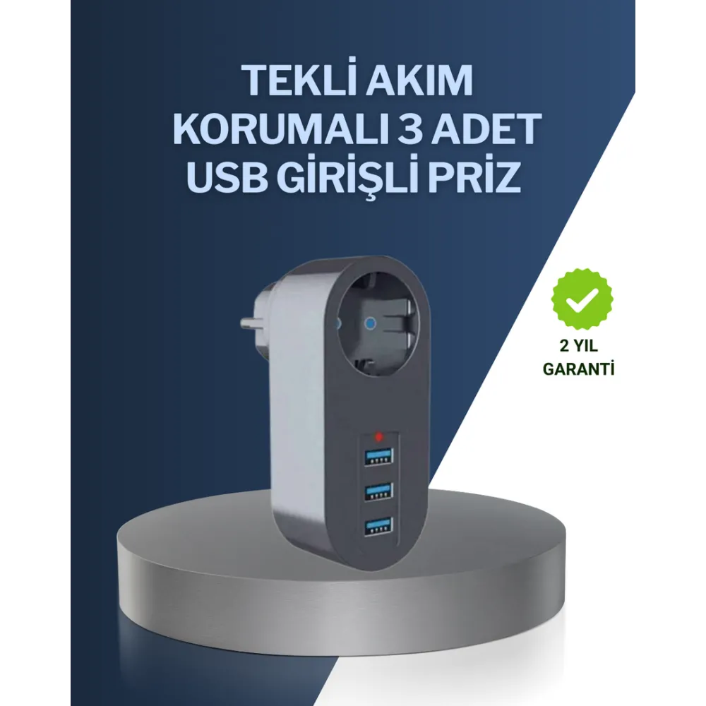 Çocuk Korumalı Termal Priz - 3'lü USB Şarj ve Akım Koruması