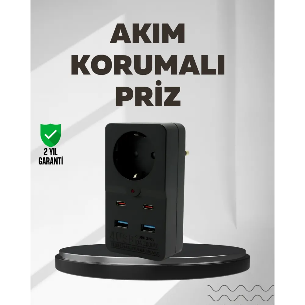 Tip Akım Koruma Prizi 10A 2500W Usb Type C Destekli
