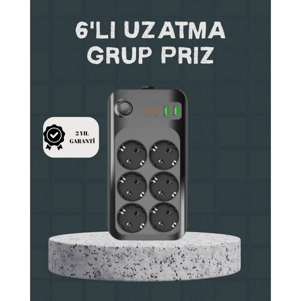 Termal Akım Korumalı 6’lı Uzatma Priz USB Type-C Hızlı Şarj 2500W