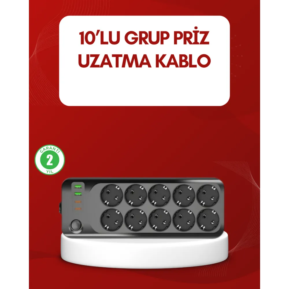 Usb Type-C Destekli 10’Lu Grup Priz Termal Korumalı 2M Kablo 2500W