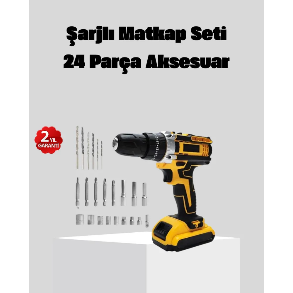 24 Parça Çift Bataryalı Akülü Darbeli Matkap – Güçlü Motor, Metal Dişli, LED Işıklı