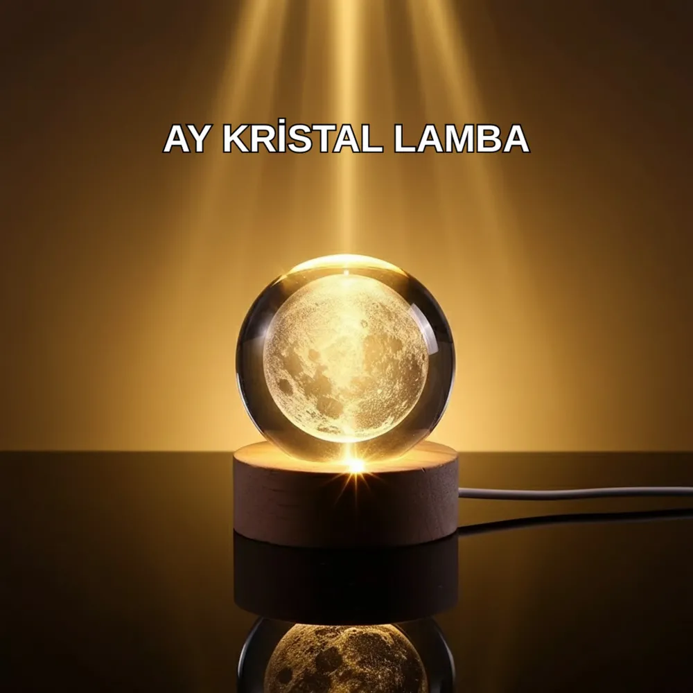3D Lazer İşlemeli Ay Küresi Ahşap Standlı Usb Bağlantılı Dekoratif Lamba