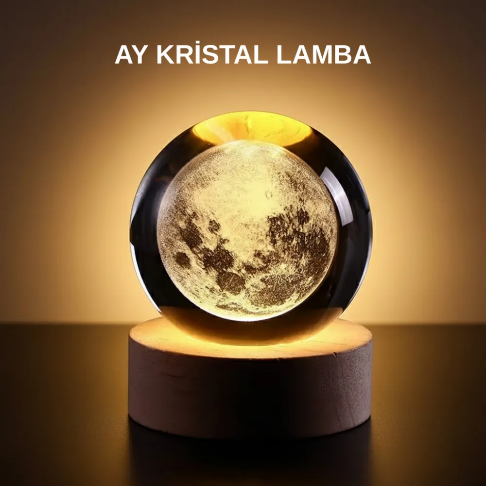 Ay Figürlü 3D Kristal Küre Led Gece Lambası Ahşap Standlı Dekoratif Lamba