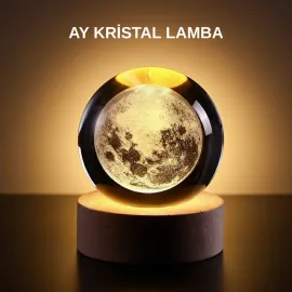 Ay Figürlü 3D Kristal Küre Led Gece Lambası Ahşap Standlı Dekoratif Lamba
