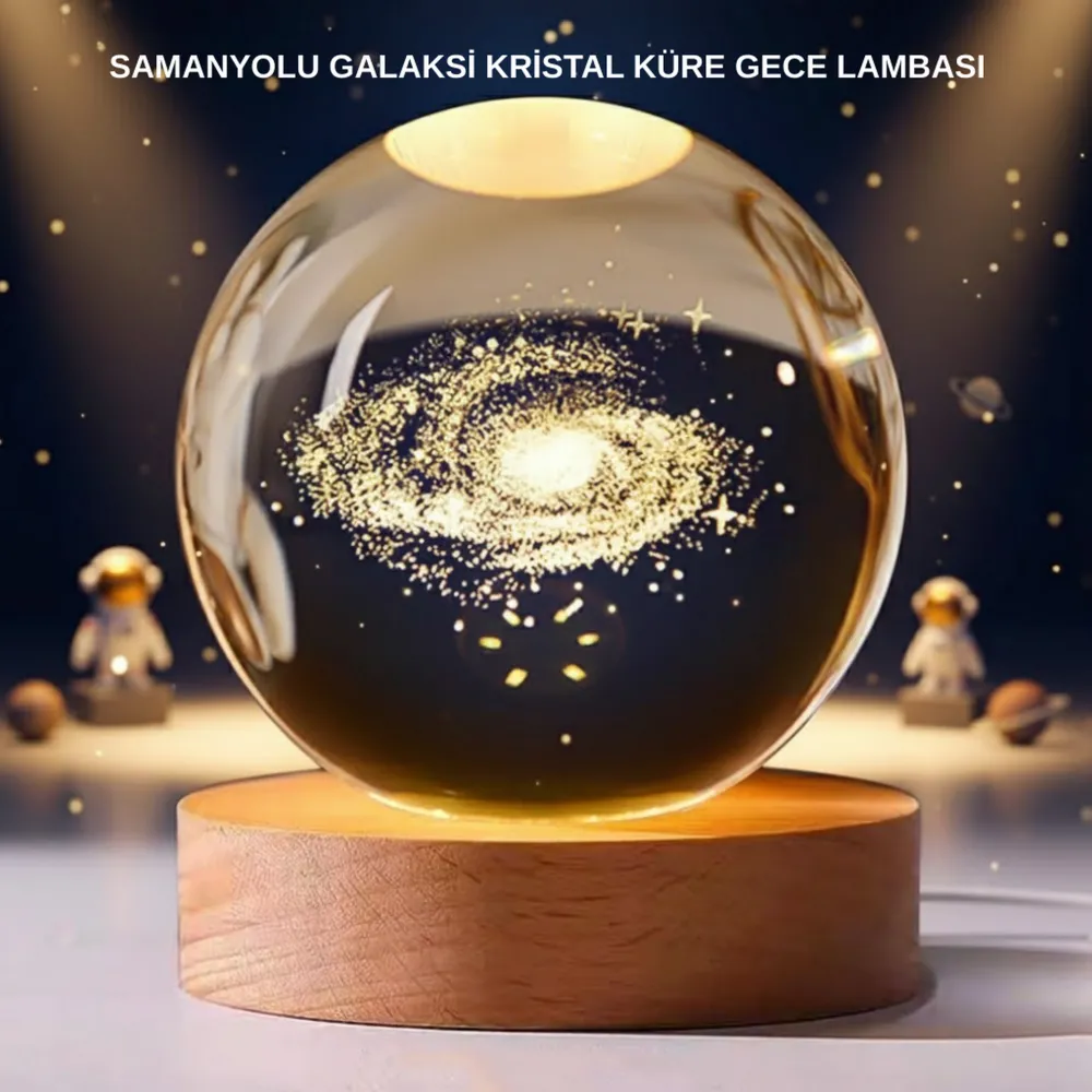 Samanyolu Desenli Kristal Küre Ahşap Standlı Gün Işığı Led Masa Lambası
