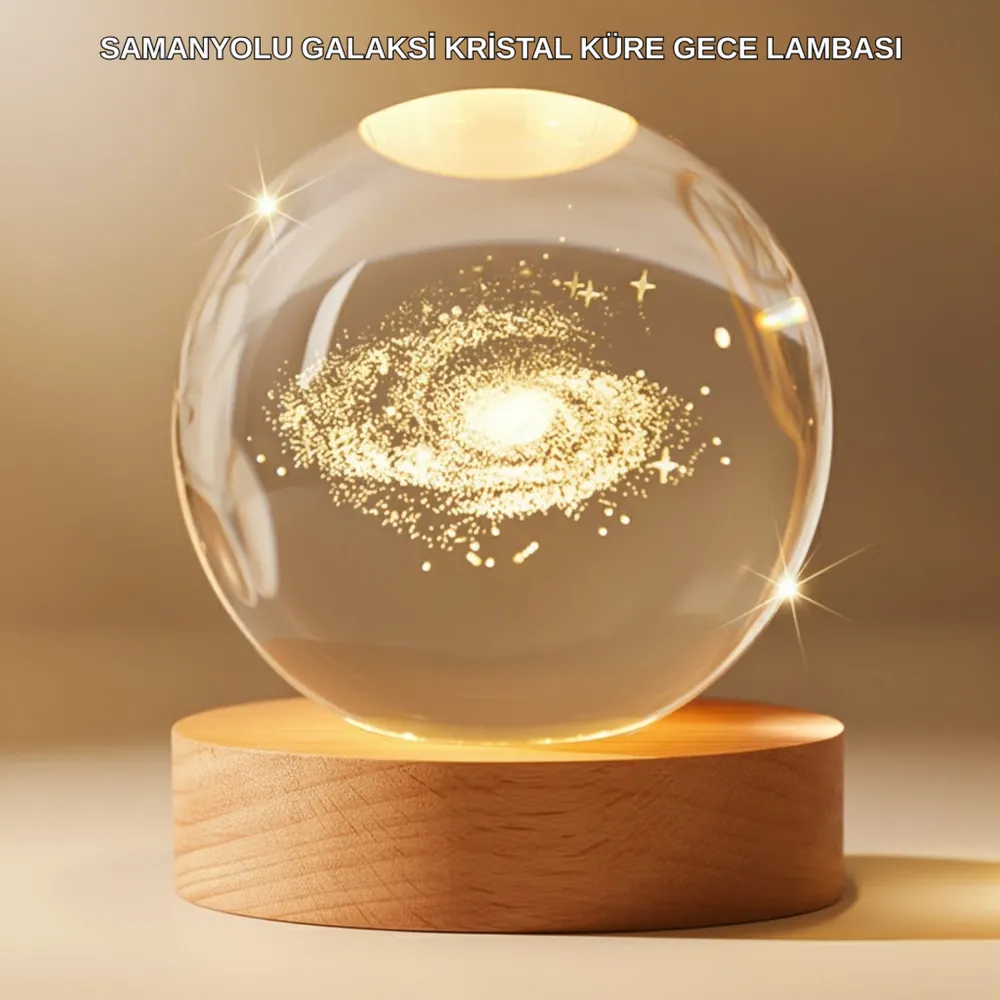 Gün Işığı Led’Li 3D Kristal Galaksi Küre Ahşap Tabanlı Dekoratif Lamba