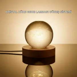 Kristal Gezegen Küre Ahşap Tabanlı Usb Işıklı Gece Lambası