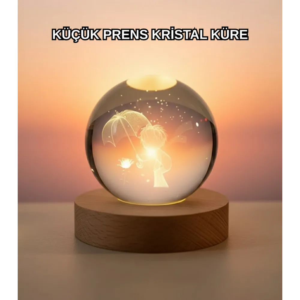 Masif Ahşap Standlı 3D Küçük Prens Kristal Top Usb Gece Lambası Sıcak Işık