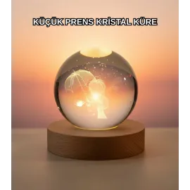 Masif Ahşap Standlı 3D Küçük Prens Kristal Top Usb Gece Lambası Sıcak Işık
