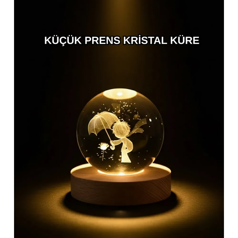 8 cm Küçük Prens 3D Kristal Küre USB Işıklı Ahşap Altlıklı Dekoratif Lamba