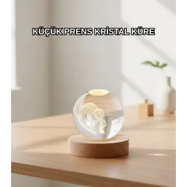 Led Aydınlatmalı 3D Küçük Prens Kristal Küre Ahşap Standlı Masa Gece Lambası