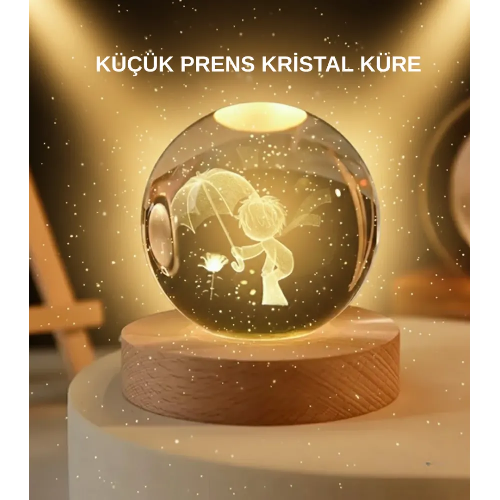 USB LED 3D Küçük Prens Kristal Küre Ahşap Standlı Gece Lambası